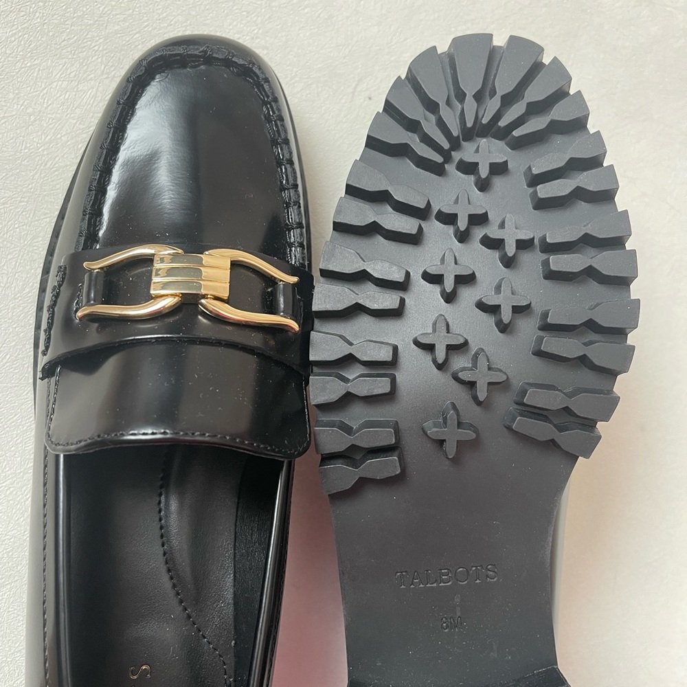 Talbots Gianna Chunky Black Leather Loafers with Gold Buckle Size 8M 2 inch Heel - Picture 4 of 7